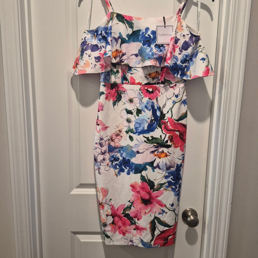 Premier Amour Floral Cold Shoulder Ruffle Sheath Dress Multi-Color White NWT